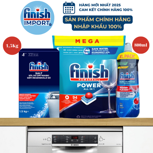 (COMBO 3 MÓN VIÊN) 1 Túi 94 viên rửa chén Finish All in 1 + 1 Chai 800ml Finish + 1 Hộp 1,5Kg muối Finish (Làm mềm nước).